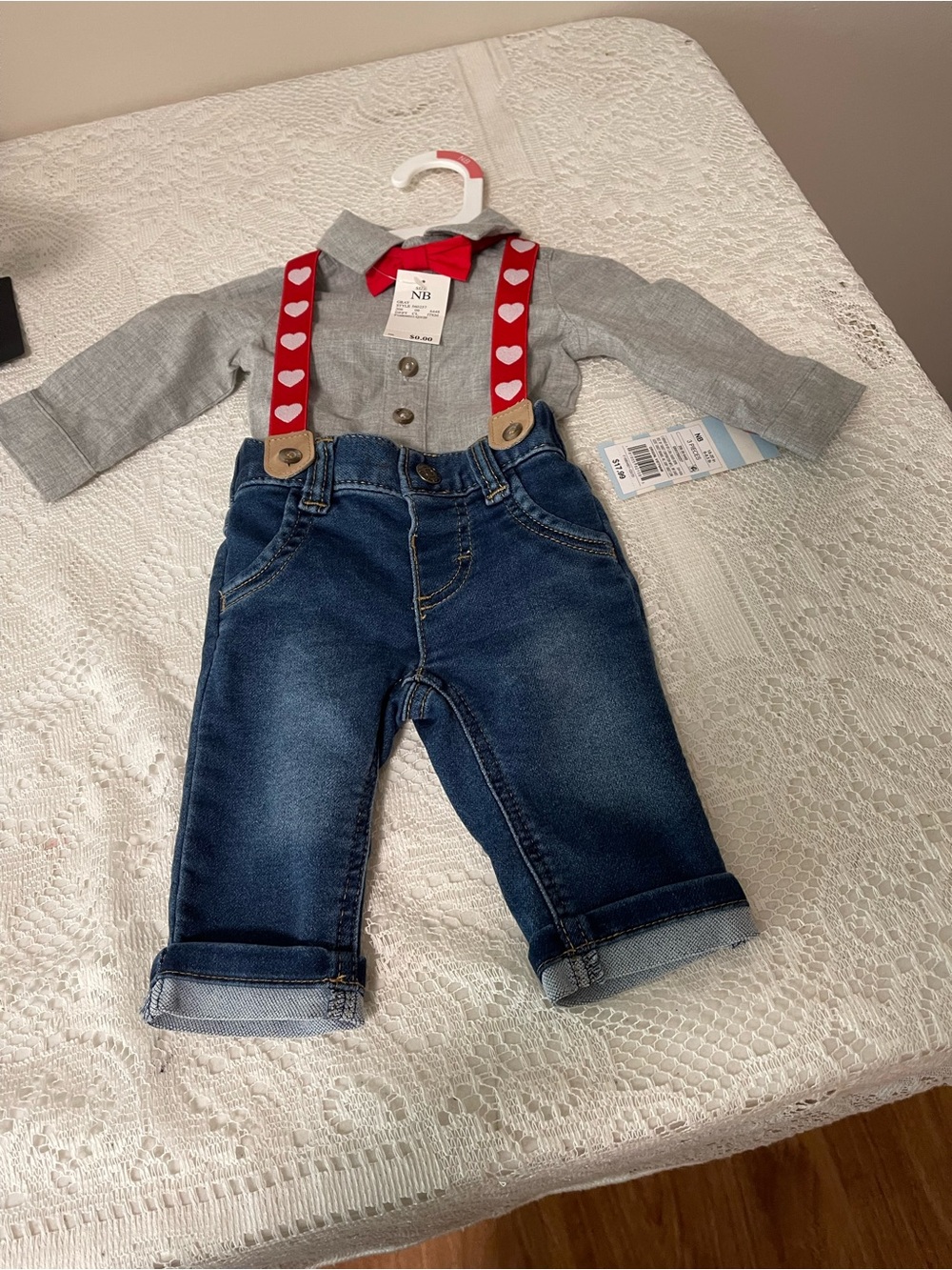 Cat & Jack Blue Denim Pants with Red Heart Suspenders